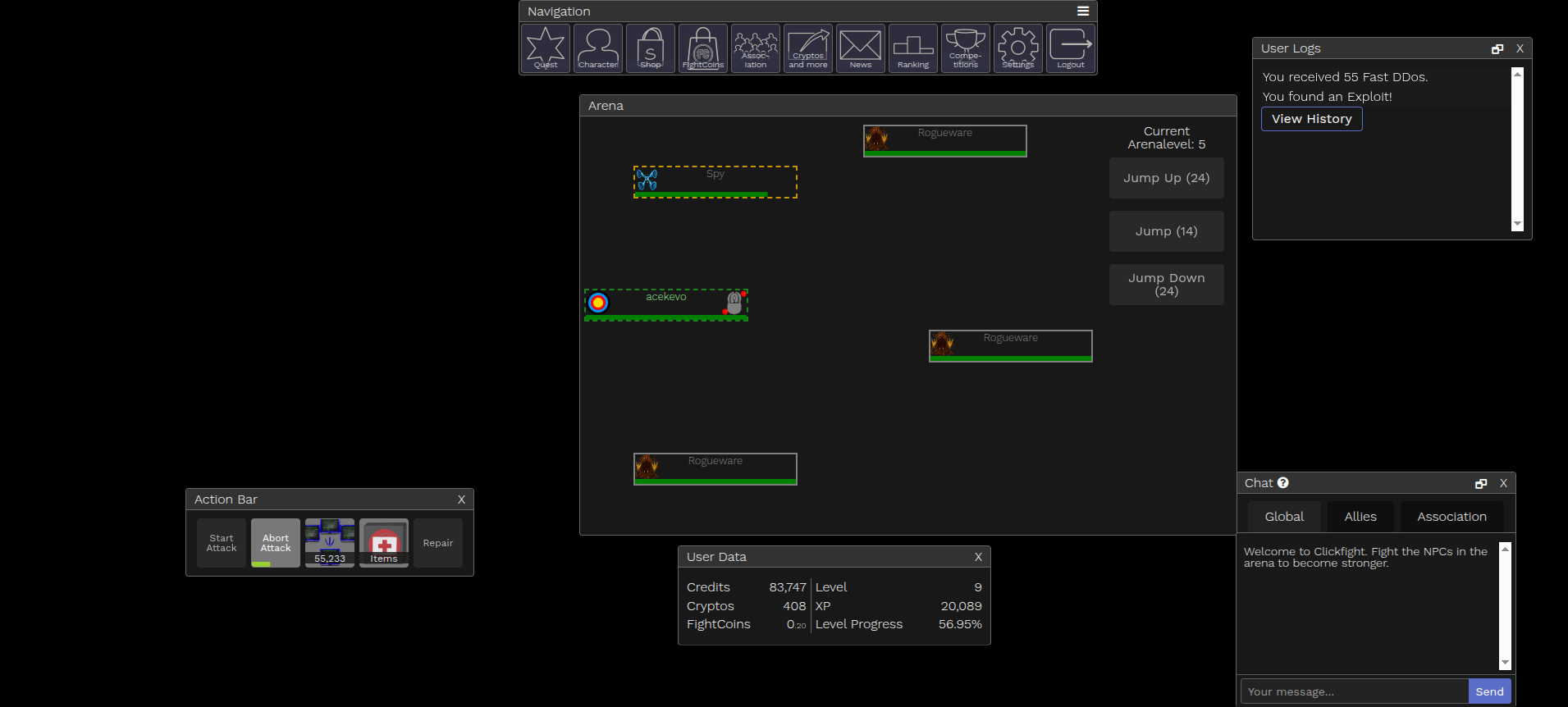 ClickFight arena gameplay screenshot showing combat against Rogueware enemies