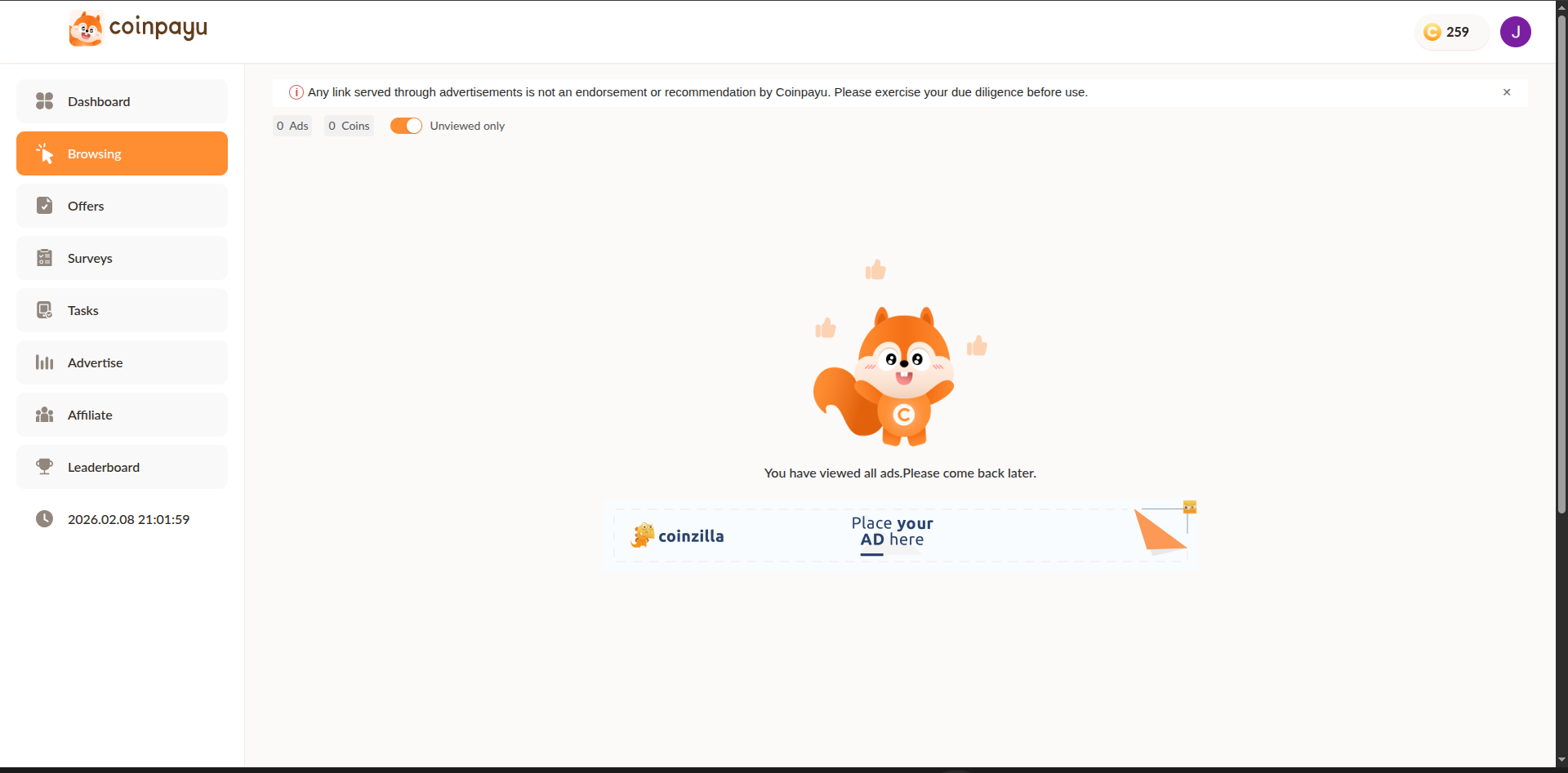 CoinPayU browsing section showing all ads viewed with the fox mascot