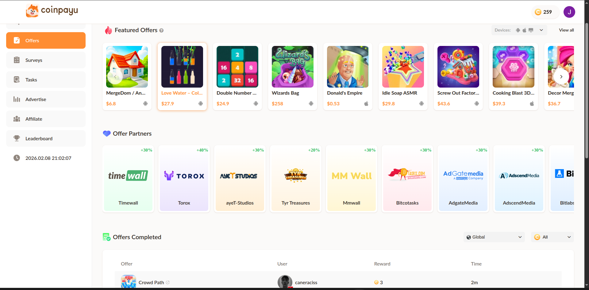 CoinPayU offers section showing featured offers and offer wall partners