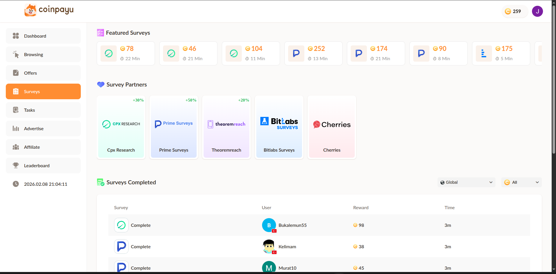 CoinPayU surveys section showing featured surveys and survey partners