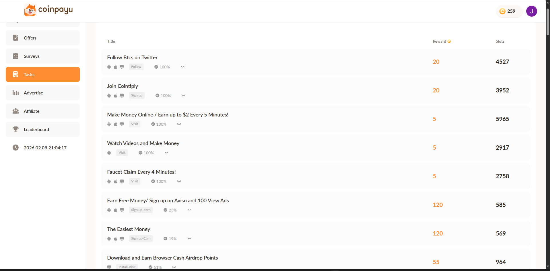 CoinPayU tasks section showing various micro-tasks with coin rewards and slot availability