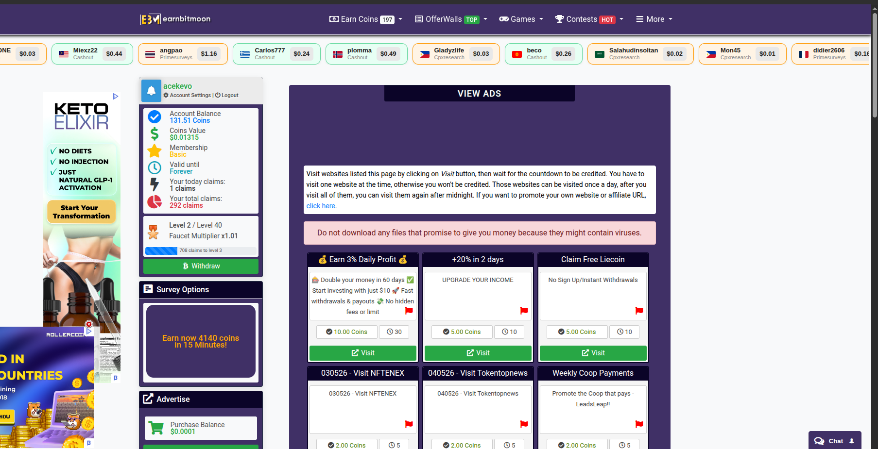 EarnBitMoon dashboard showing account balance, level progress, and the PTC ad queue