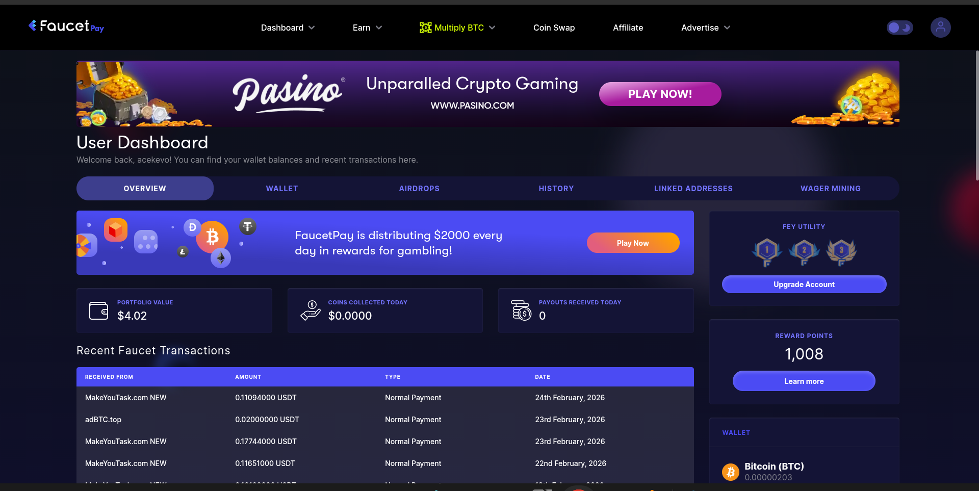 FaucetPay user dashboard showing portfolio value and recent faucet transactions