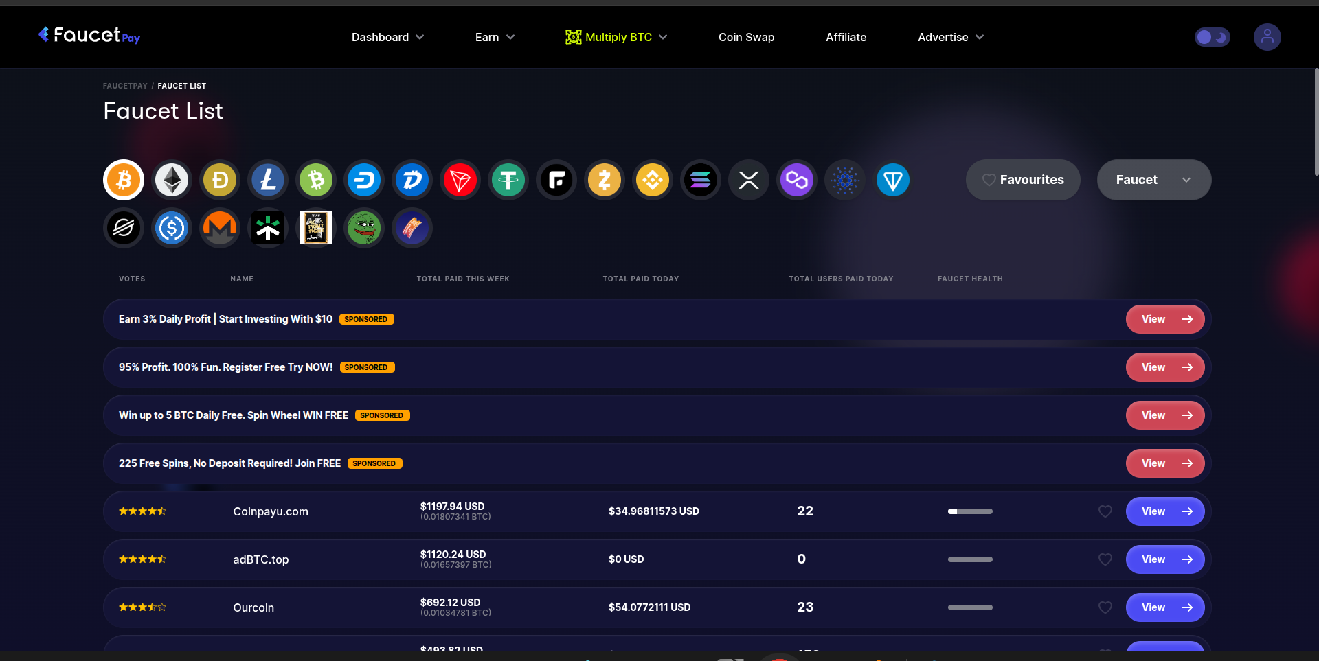 FaucetPay Faucet List showing supported faucet sites with payout stats