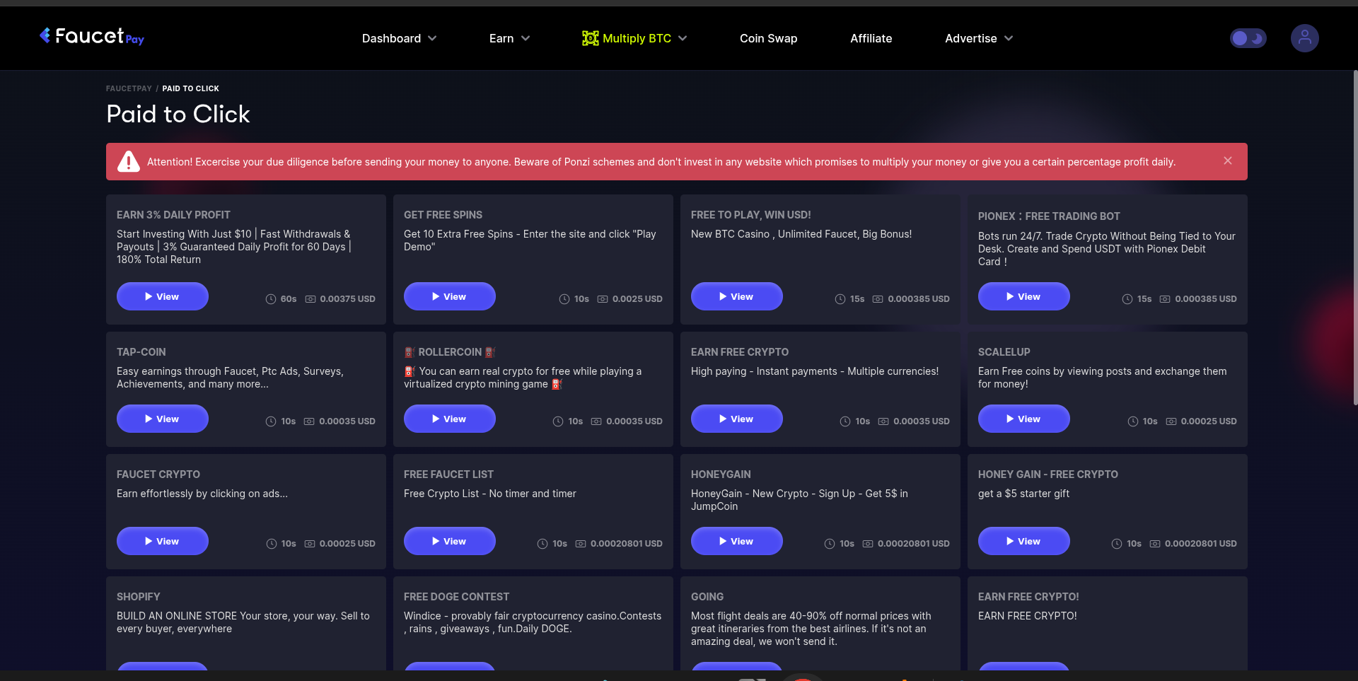 FaucetPay PTC section showing earning sites listed within the platform