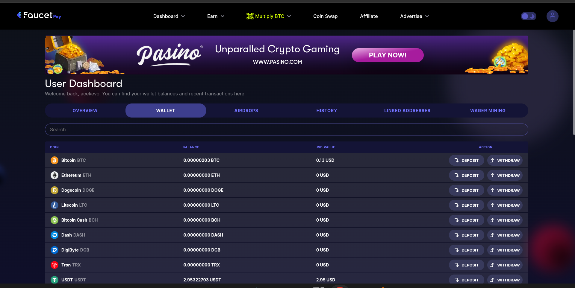FaucetPay wallet tab showing multiple cryptocurrency balances with deposit and withdraw buttons