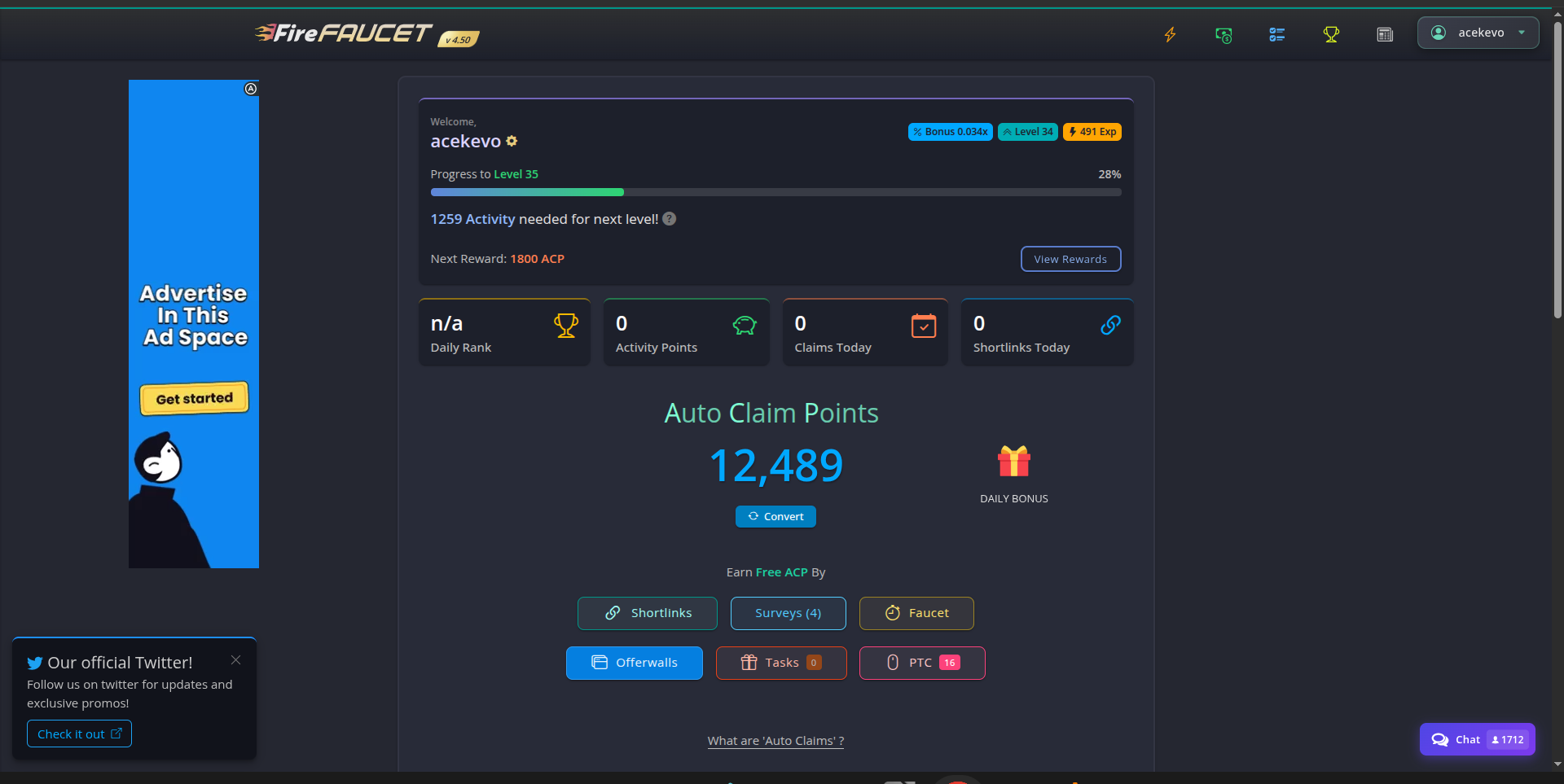 FireFaucet dashboard showing ACP balance and earning method shortcuts