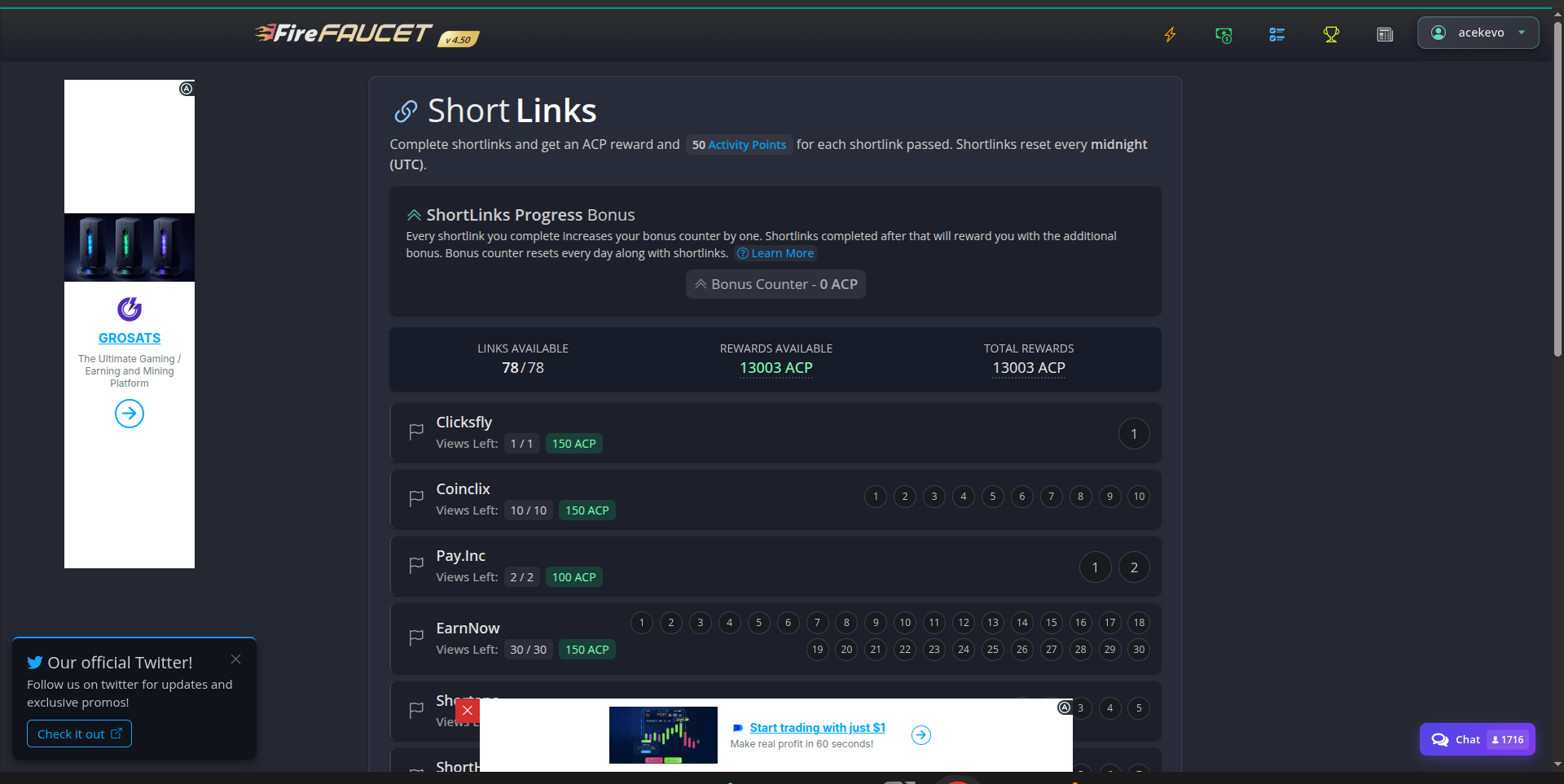 FireFaucet shortlinks page showing available links, ACP rewards, and progress bonus counter