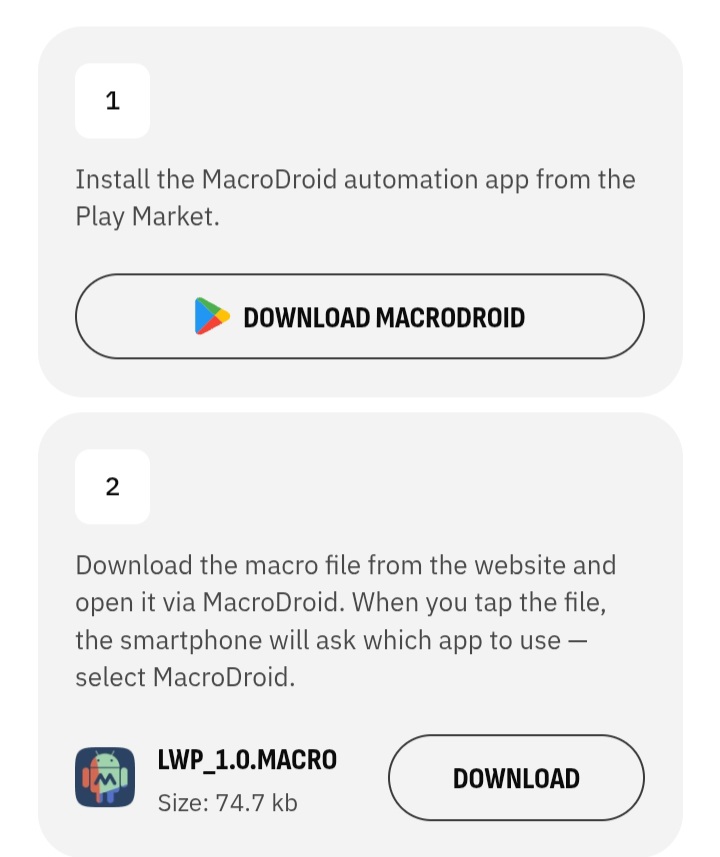 LuckyWatch automation setup - download MacroDroid then the LWP macro file
