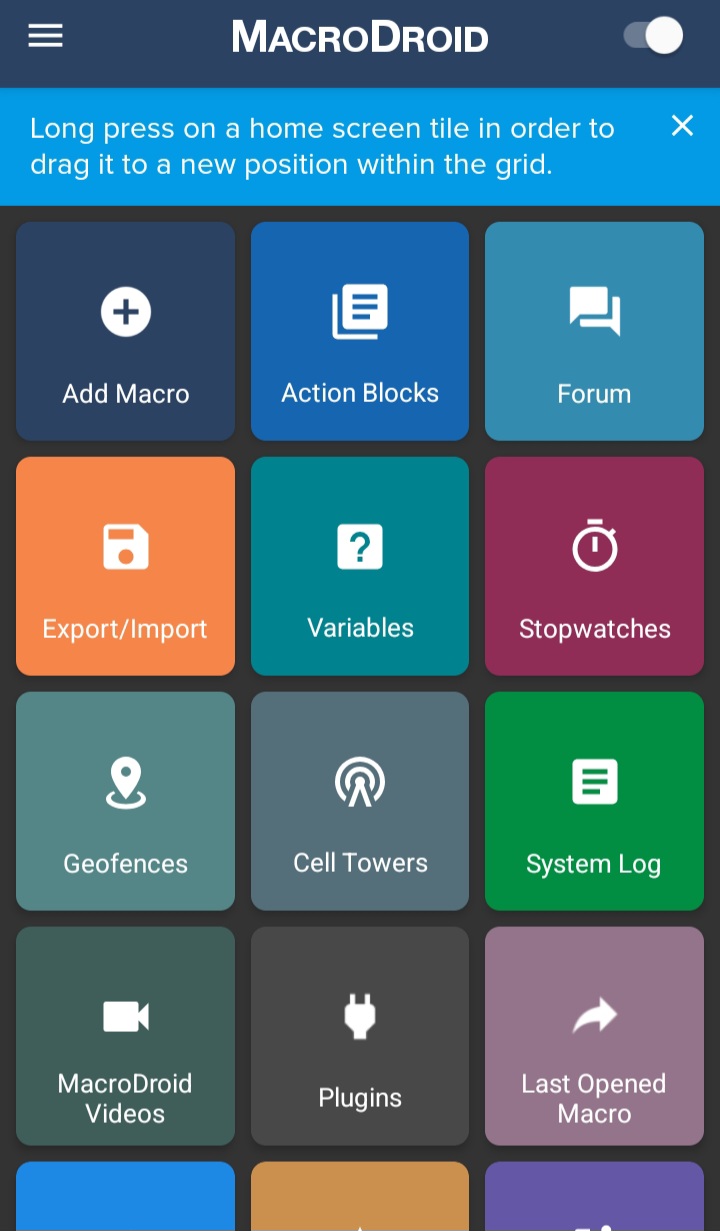 MacroDroid home screen showing Add Macro and Export/Import options