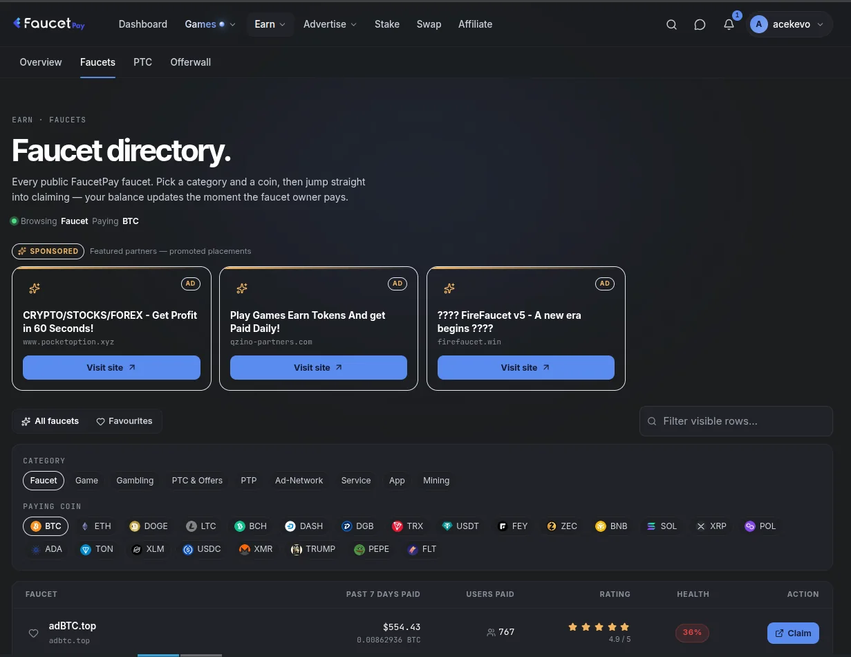 FaucetPay faucet directory with filter controls and verified faucet cards