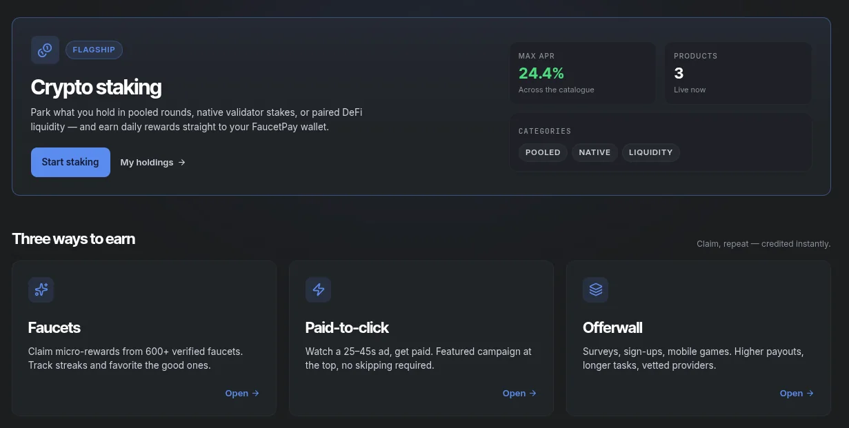 FaucetPay Earn screen showing staking, faucets, paid-to-click and offerwall options
