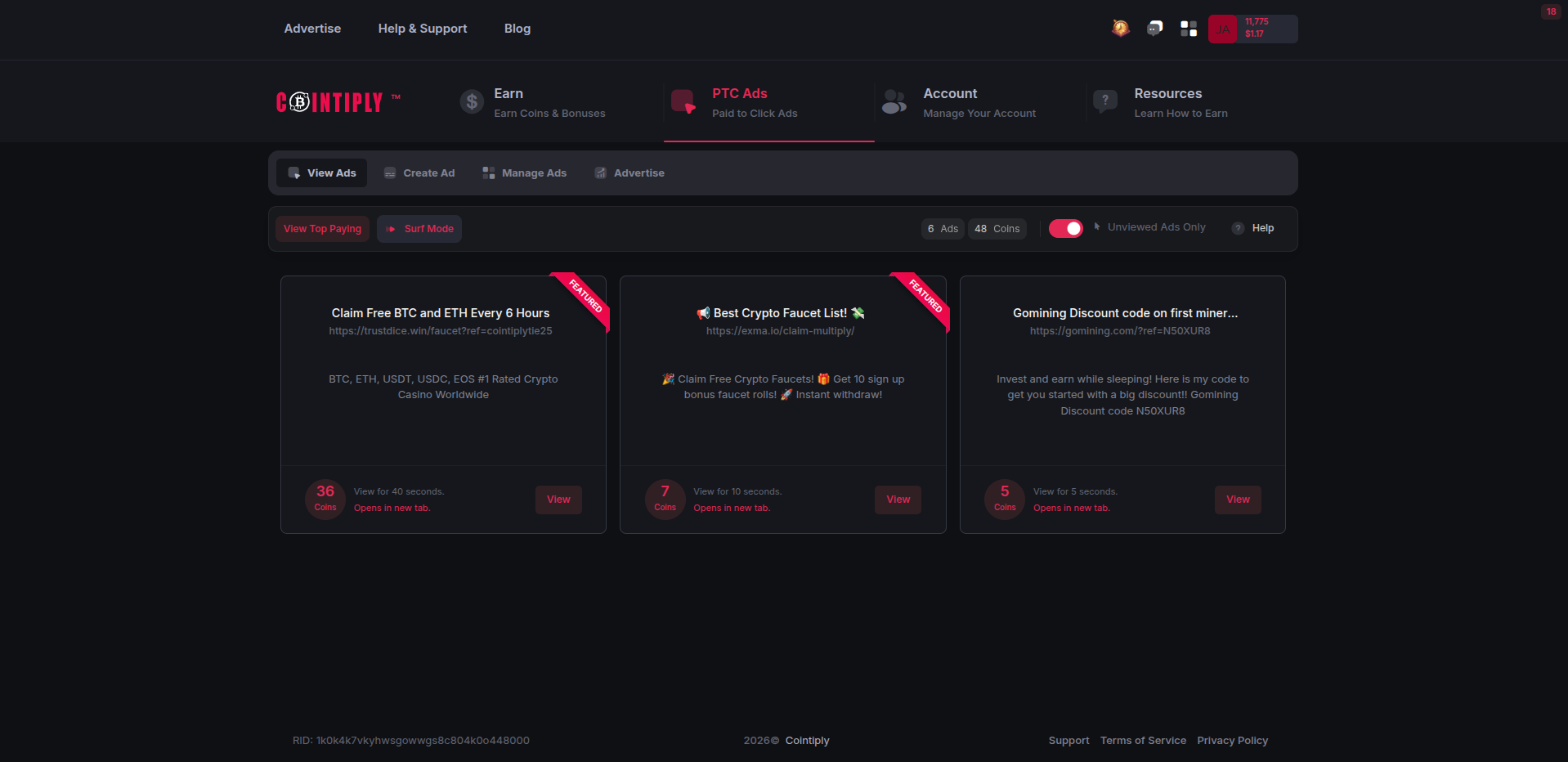 Cointiply Dashboard Interface